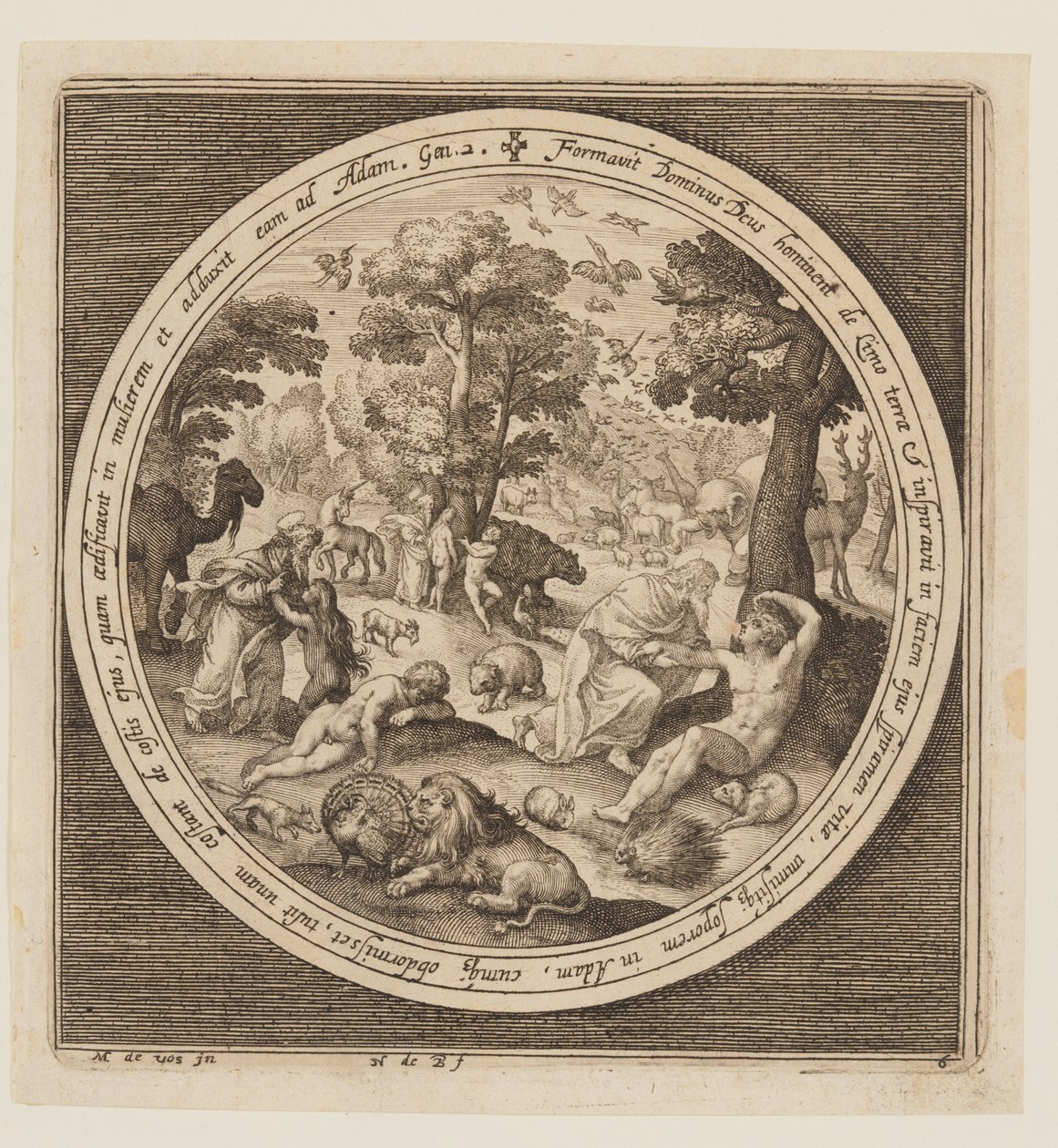 Zesde Dag: De schepping van de dieren, Adam en Eva, van de schepping tot de verdrijving uit het paradijs door Nicolaes de Bruyn
