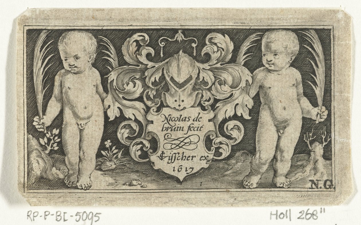 Titelprent met twee kinderen met palmblad naast wapenschild door Nicolaes de Bruyn