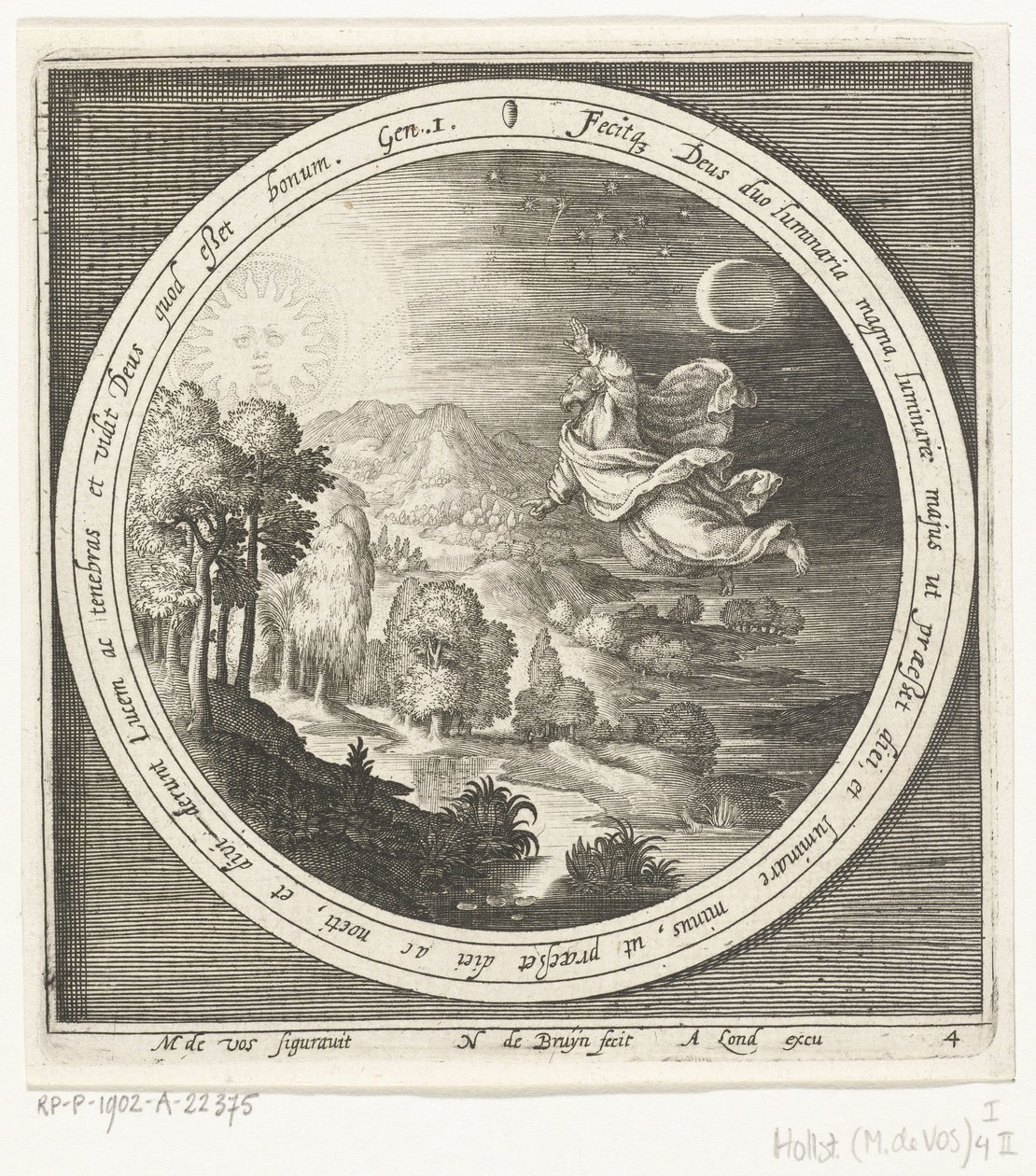 Vierde dag van schepping: God schept de zon, maan en sterren Van schepping tot verdrijving uit paradijs door Nicolaes de Bruyn