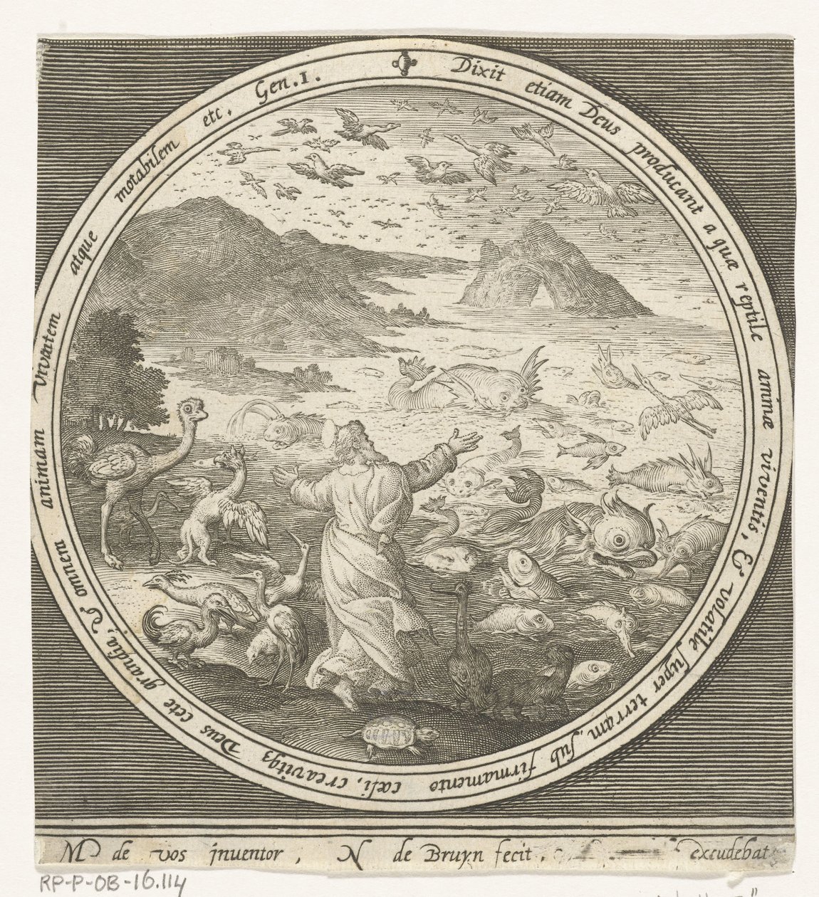 Vijfde dag van schepping: God schept vissen en vogels door Nicolaes de Bruyn