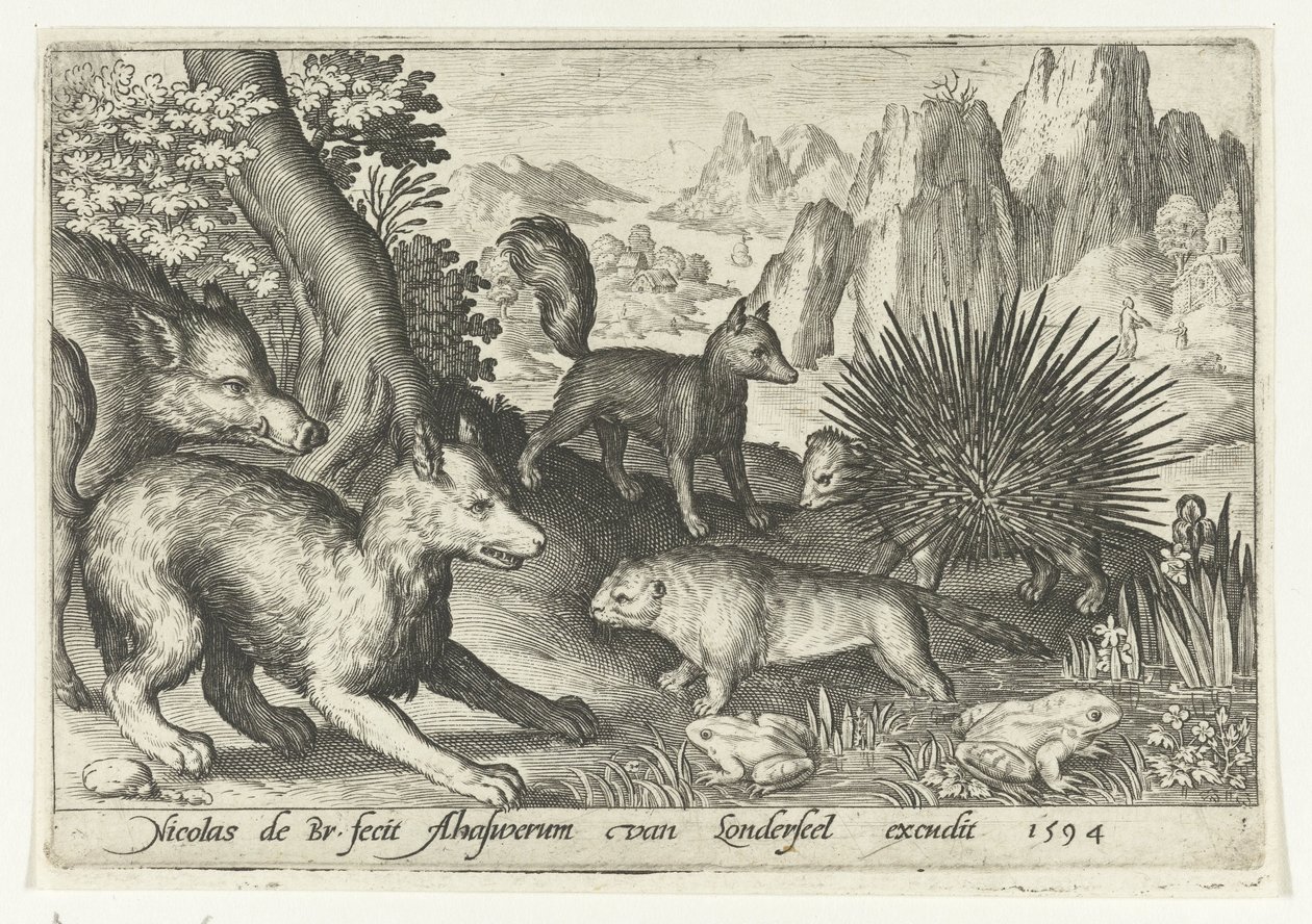 Wild zwijn, vossen, bever, stekelvarken en kikkers door Nicolaes de Bruyn