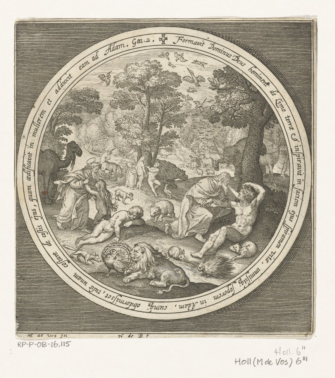 Zesde dag van schepping: God schept de dieren en Adam en Eva door Nicolaes de Bruyn