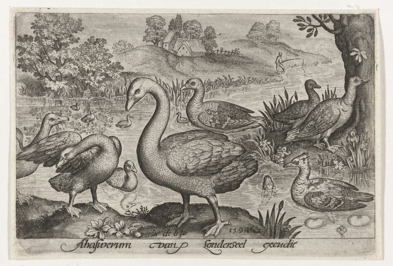 Zwaan en ganzen en eenden bij water door Nicolaes de Bruyn