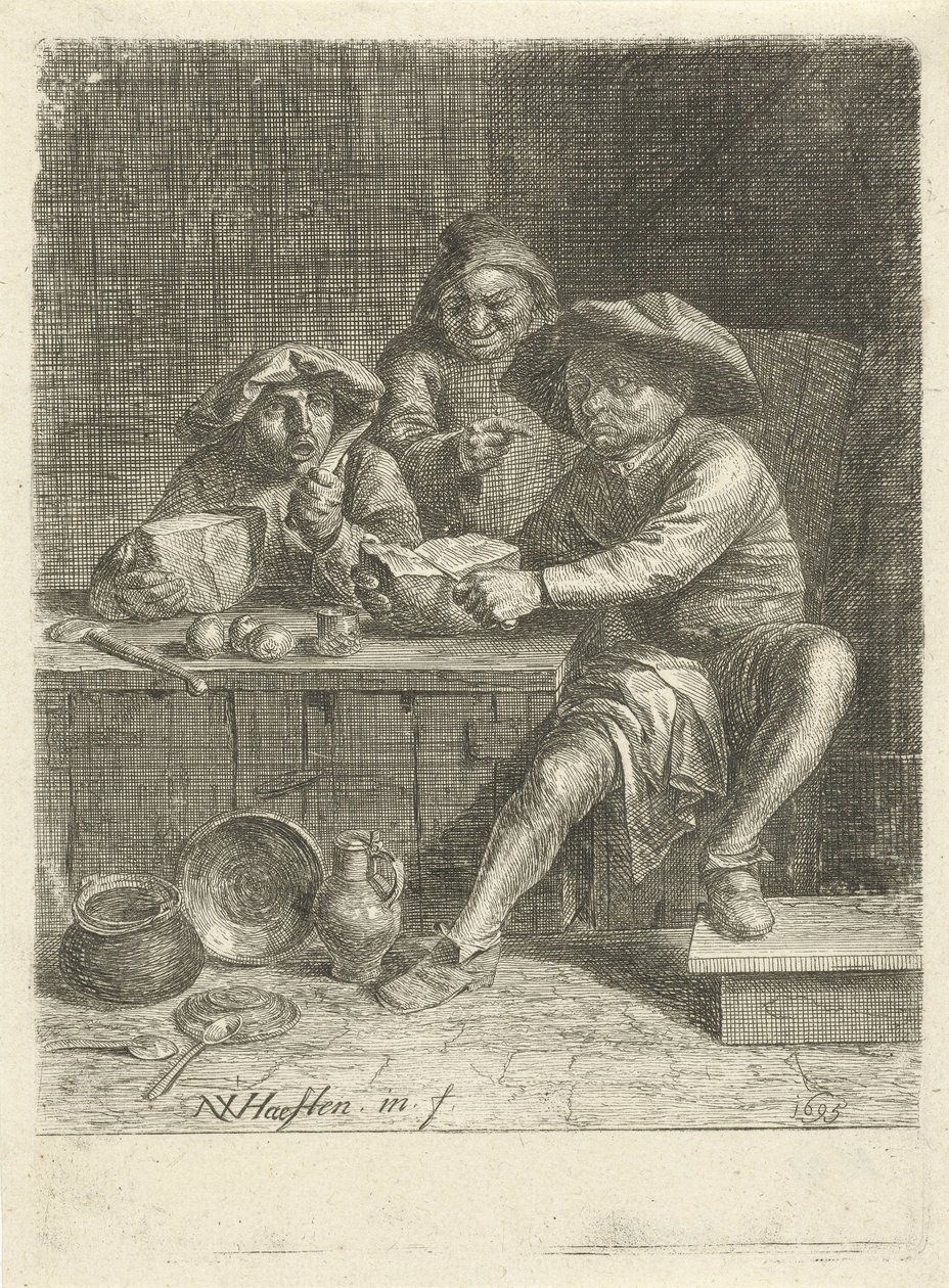 Boeren aan een tafel met brood door Nicolaes van Haeften