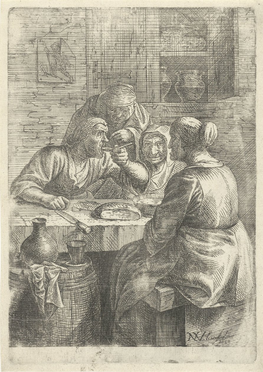 Drie etende oude vrouwen aan een tafel door Nicolaes van Haeften