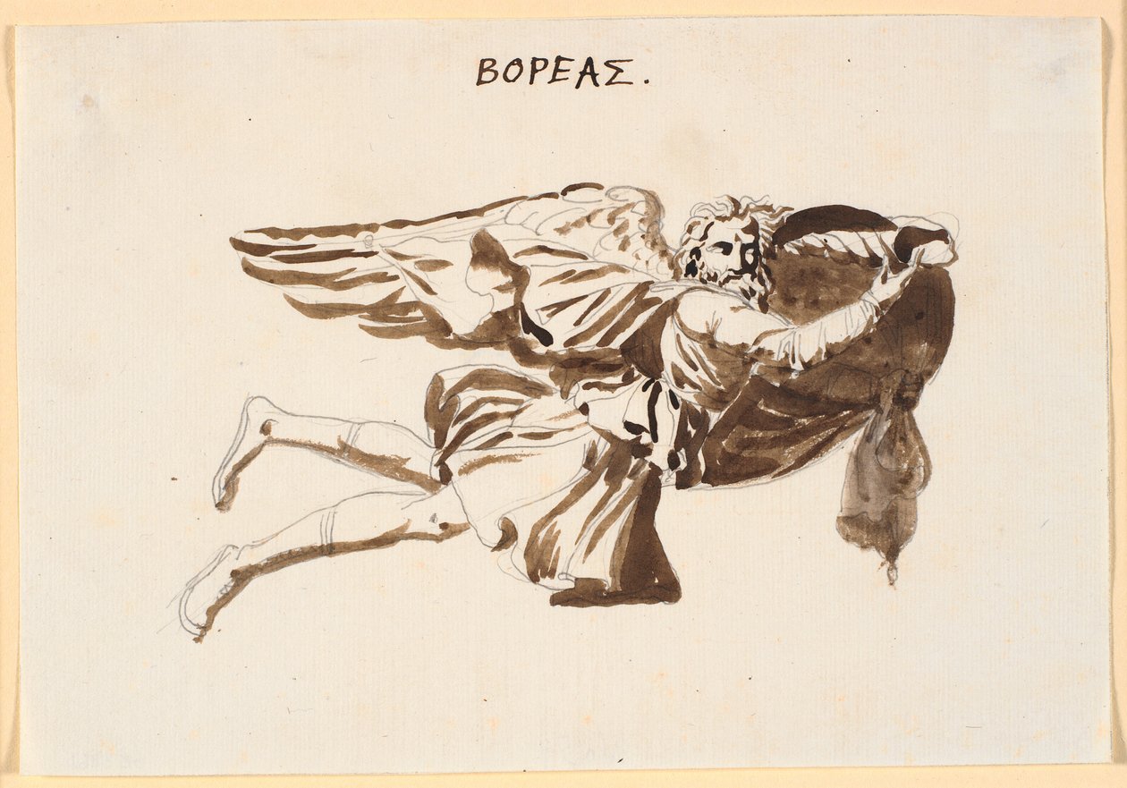 Boreas. Ontwerp voor reliëf op de toren van de winden in Pamphilus en Davus in gesprek door Nicolai Abildgaard