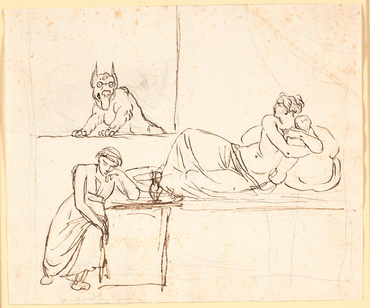 Een vrouw die met een baby op een bed ligt, ziet een monster verschijnen in het raam. Aan het voeteneinde van het bed zit een slapende vrouw door Nicolai Abildgaard