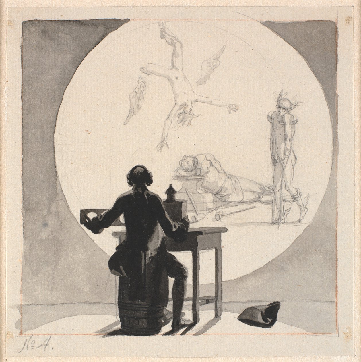 Een man met een toverlantaarn toont een beeld van de achteruitgang van handel en ambacht - de manke Mercurius, de slapende Vulcanus etc. door Nicolai Abildgaard
