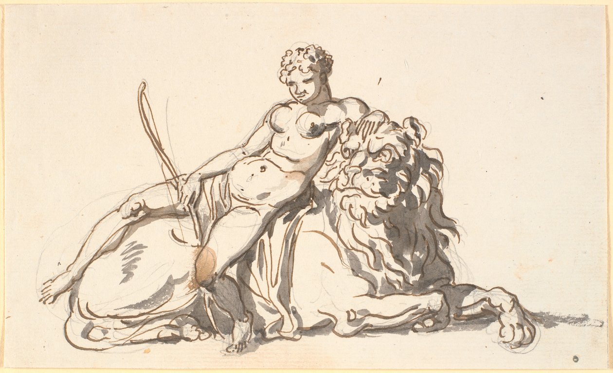 Een soort Afrikaanse vrouw, rustend op een leeuw. Allegorie op Afrika door Nicolai Abildgaard