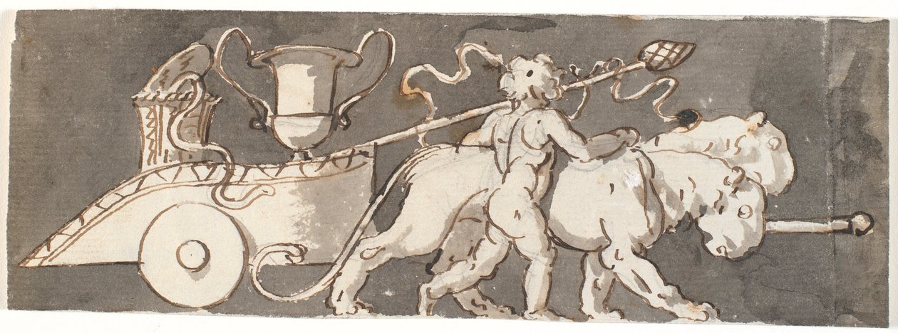 Fries met jongen bij de wagen van Bacchus en Mars (of Pluto) getrokken door leeuwen door Nicolai Abildgaard