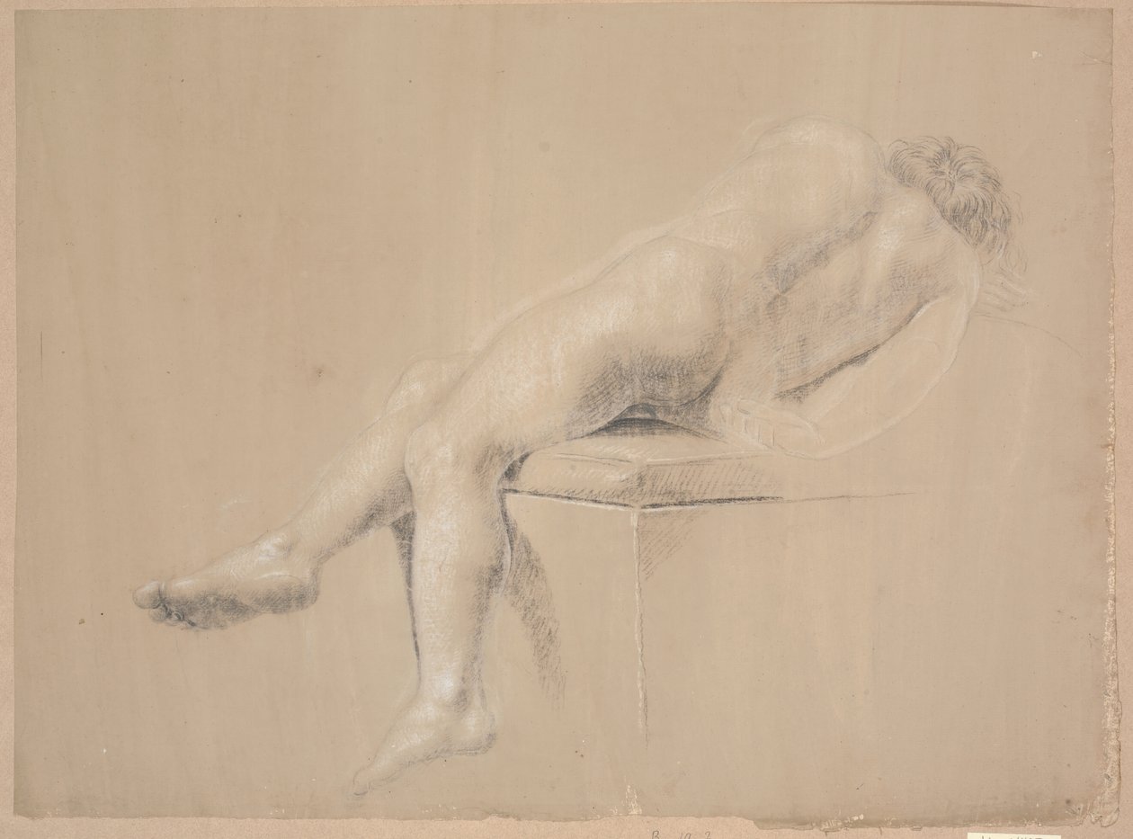 Half liggend model op hoge sokkel met kussen. Gezien vanaf de rug. Benen hangend over de sokkel door Nicolai Abildgaard