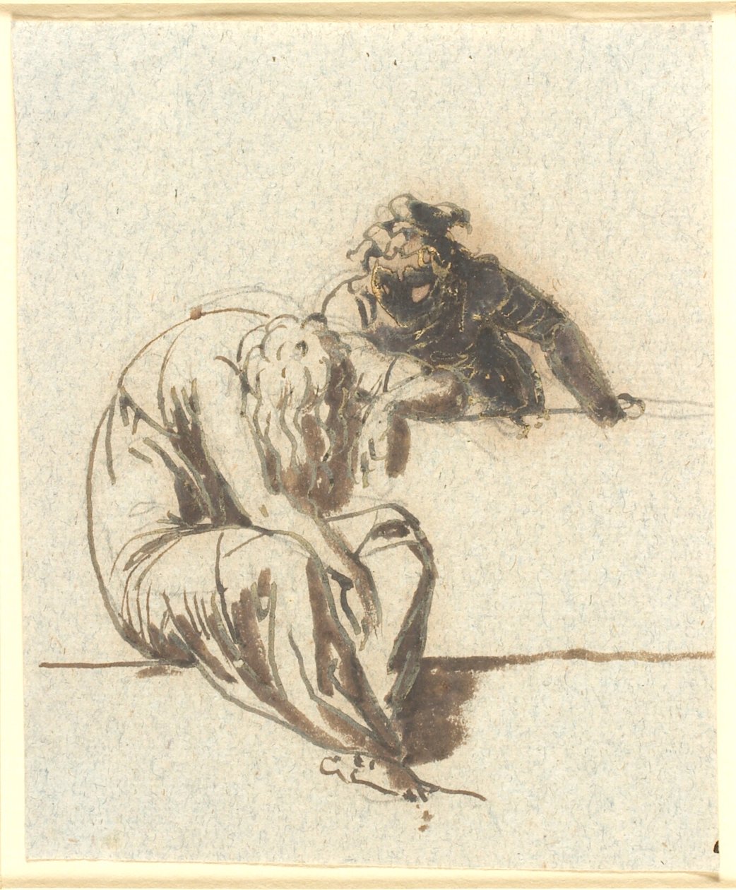 Op de voorgrond een zittende gebogen vrouwenfiguur, achter een borstwering leunt een andere naar haar toe door Nicolai Abildgaard