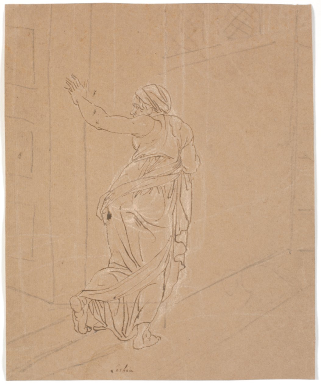 De vroedvrouw. Studie voor het meisje van Andros. [De vroedvrouw verlaat het huis van het Andros-meisje] door Nicolai Abildgaard