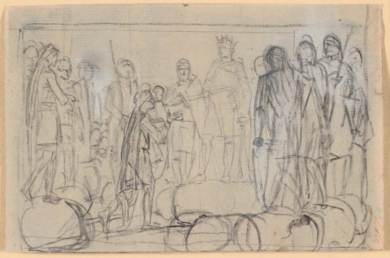 Compositieontwerp; een koning, omringd door krijgers op een tingplaats, geeft een man het ridderzwaard door Nicolai Abildgaard