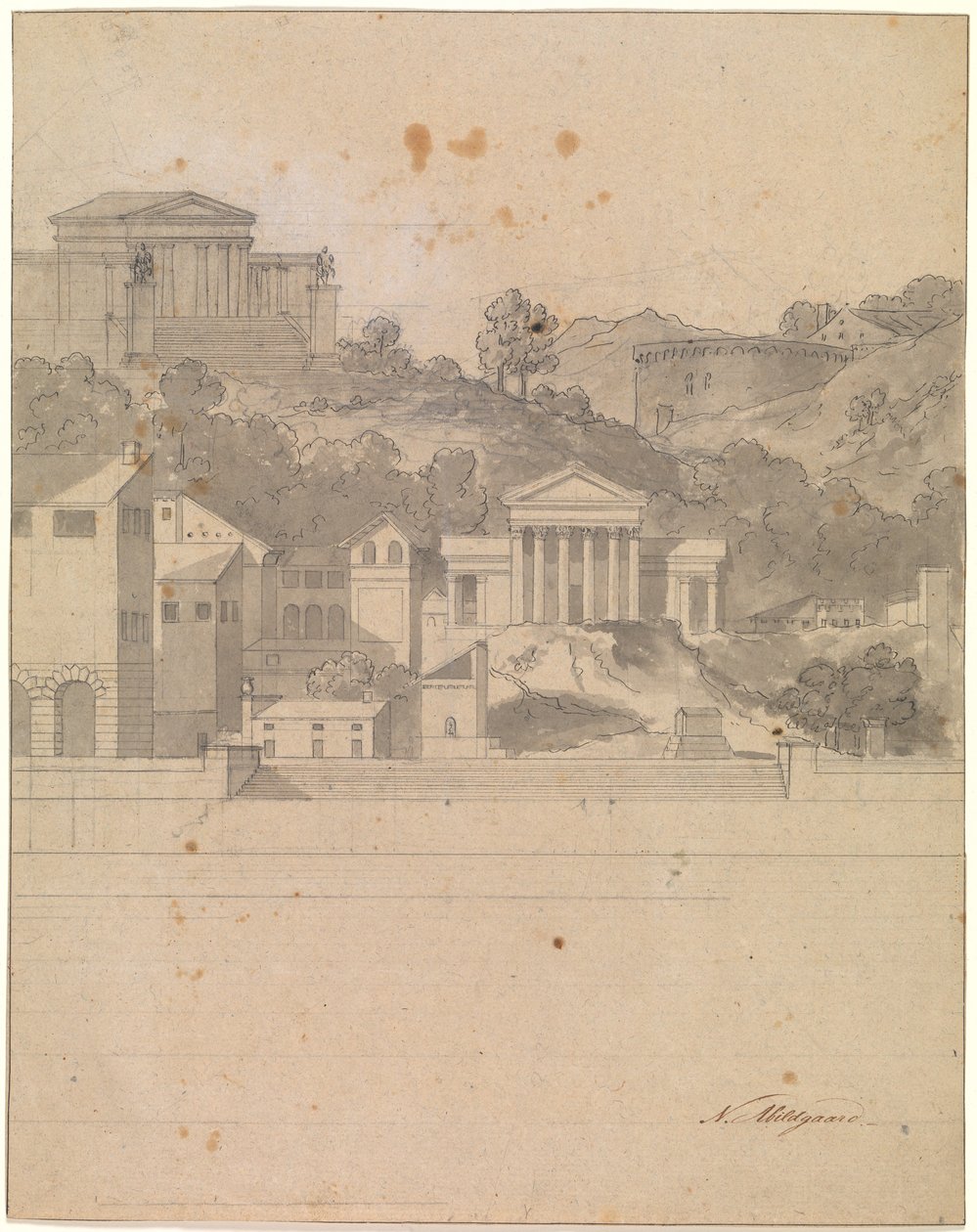 Landschap met antieke gebouwen. Decoratieontwerp door Nicolai Abildgaard