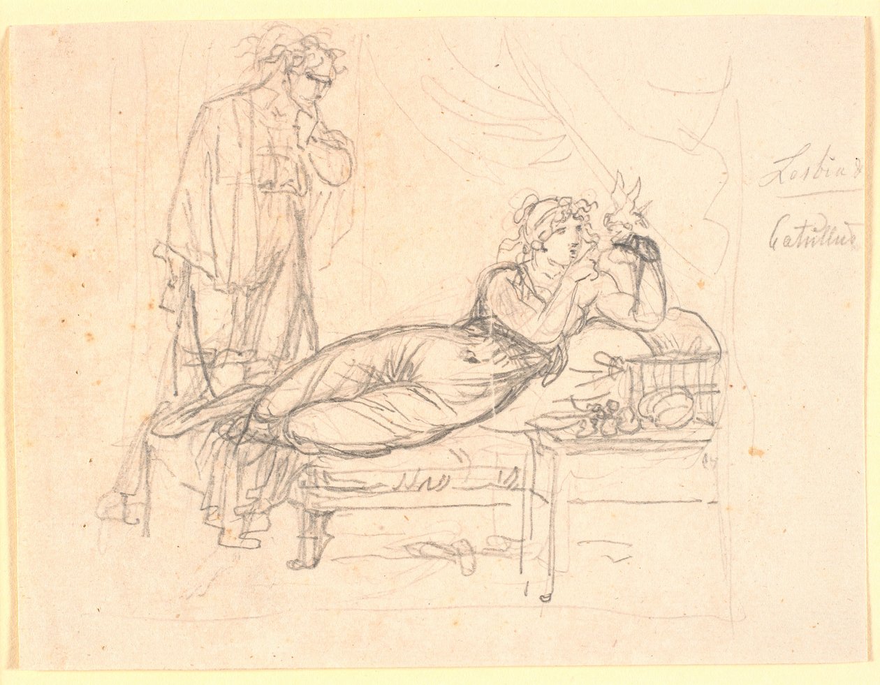 Lesbia en Catullus. Lesbia ligt, een vogel houdend op haar linkerhand. Catullus staat achter haar door Nicolai Abildgaard