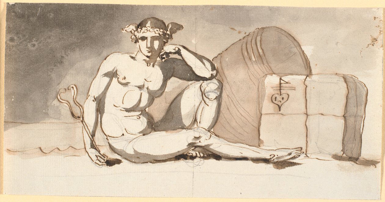 Mercurius, zittend bij balen goederen. Allegorie op de handel door Nicolai Abildgaard