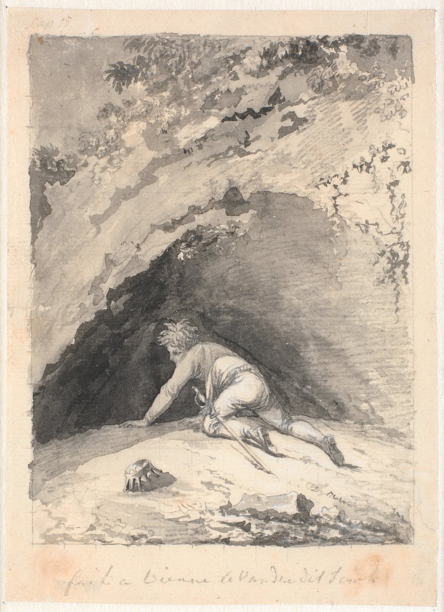 Niels Klim kruipt in de grot door Nicolai Abildgaard