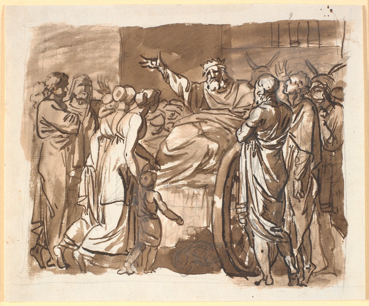 Peisistratos klaagt bij de Atheners over de aanval waarvan hij zegt het slachtoffer te zijn geweest. Hij zit op een door ezels getrokken kar, omringd door talrijke mensen door Nicolai Abildgaard
