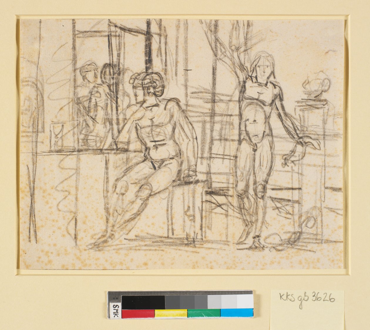Scène met naakte figuren, in het midden een zittende man, rechts een staande man met opgeheven arm door Nicolai Abildgaard