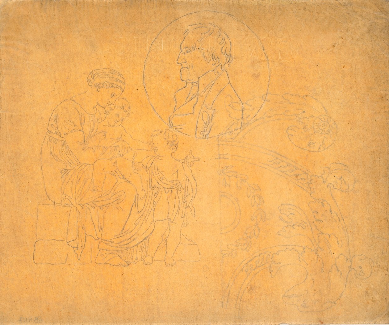 Zittende vrouw met twee kinderen en portret in profiel in cirkelcompositie door Nicolai Abildgaard