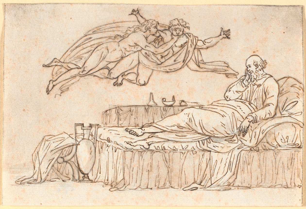 Socrates rustend op zijn bed; in de lucht twee zwevende "daimonen" door Nicolai Abildgaard