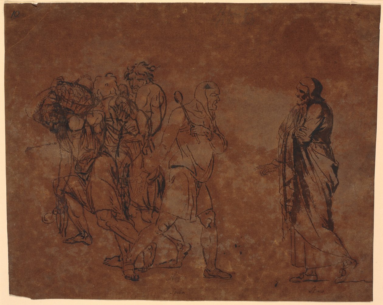 Studie van Simo, Sosie en de slaven, in het schilderij met deze figuren. [Simo vertrouwt Sosia] door Nicolai Abildgaard
