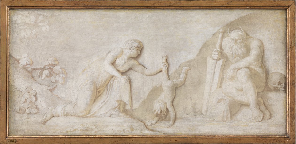 Thetis dompelt haar zoon Achilles onder in de rivier Styx om hem onkwetsbaar te maken door Nicolai Abildgaard