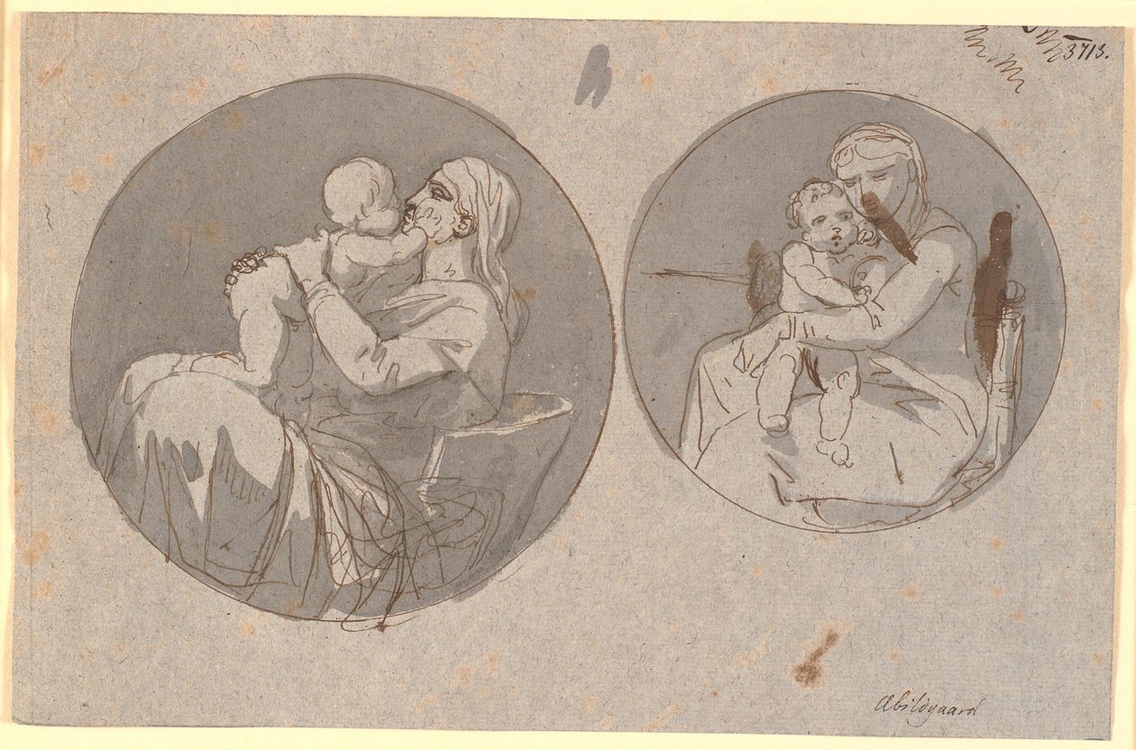 Twee cirkelvormige composities van een moeder die haar kind in haar armen houdt door Nicolai Abildgaard