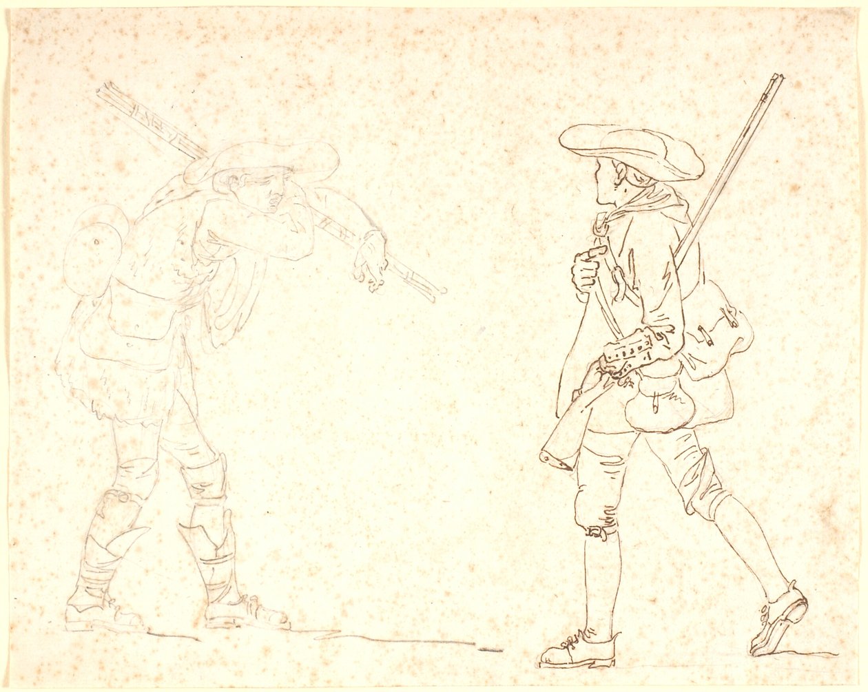 Twee Wandelende Mannenfiguren, de Een in Jagerskleding, de Ander Dragend een Bundel Stokken door Nicolai Abildgaard