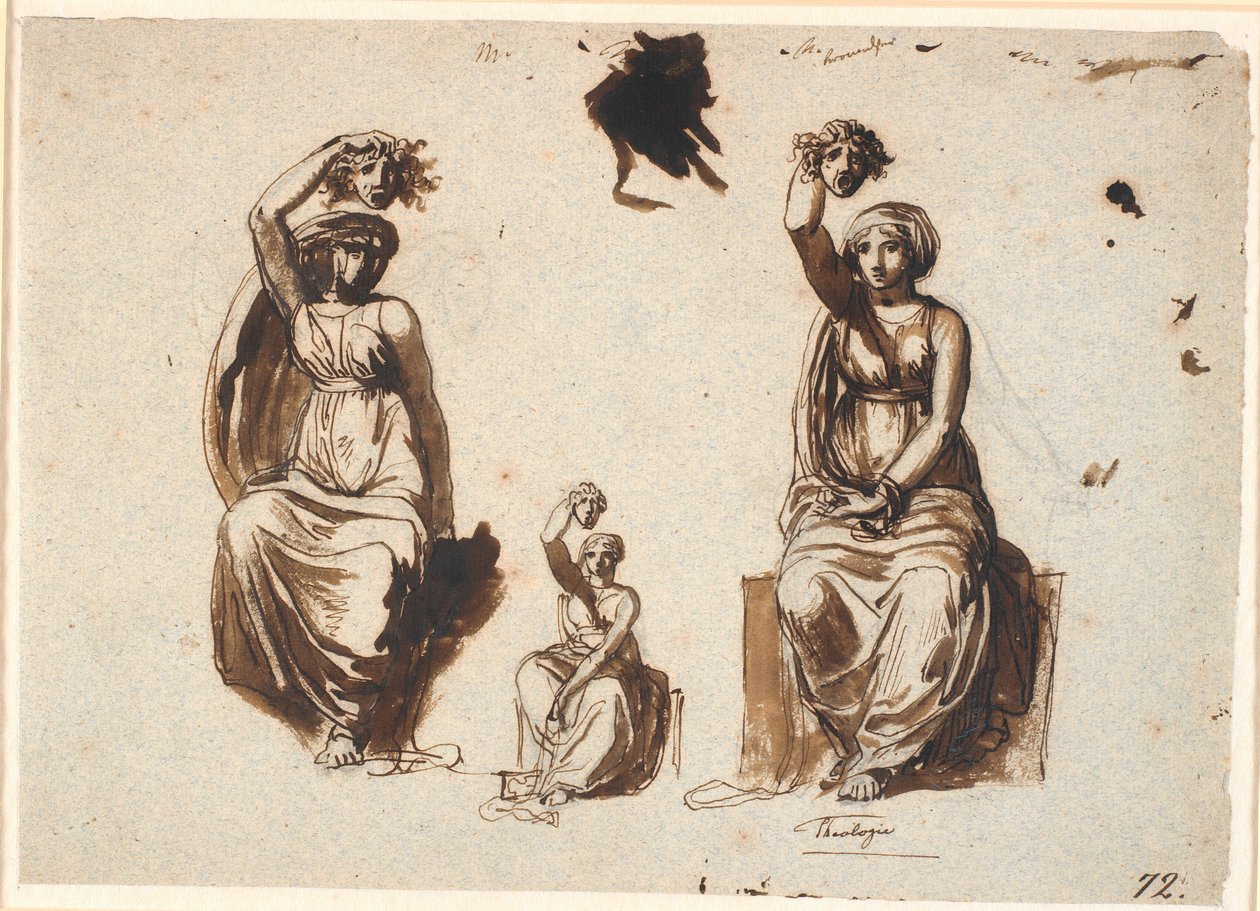 Drie studies voor een allegorische zittende vrouwenfiguur met een opgetild Medusahoofd in de rechterhand door Nicolai Abildgaard