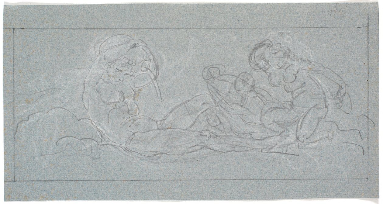 Ontwerp voor deurstuk. Een liggende jongeling giet water uit een kruik, rechts zeenimfen door Nicolai Abildgaard