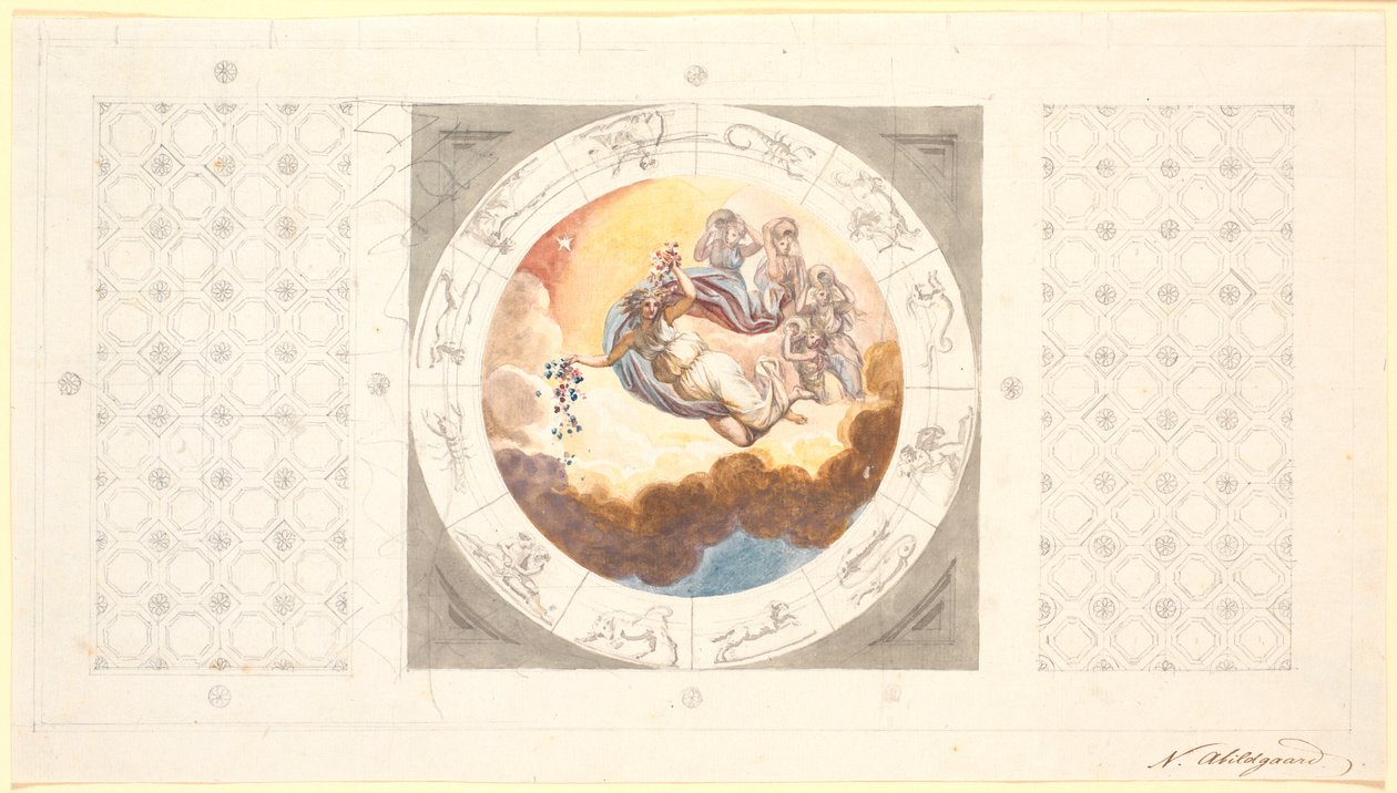 Schets voor plafonddecoratie met cassetteplafond en in het midden een cirkelvormige afbeelding van de ochtend die bloemen uitstrooit door Nicolai Abildgaard