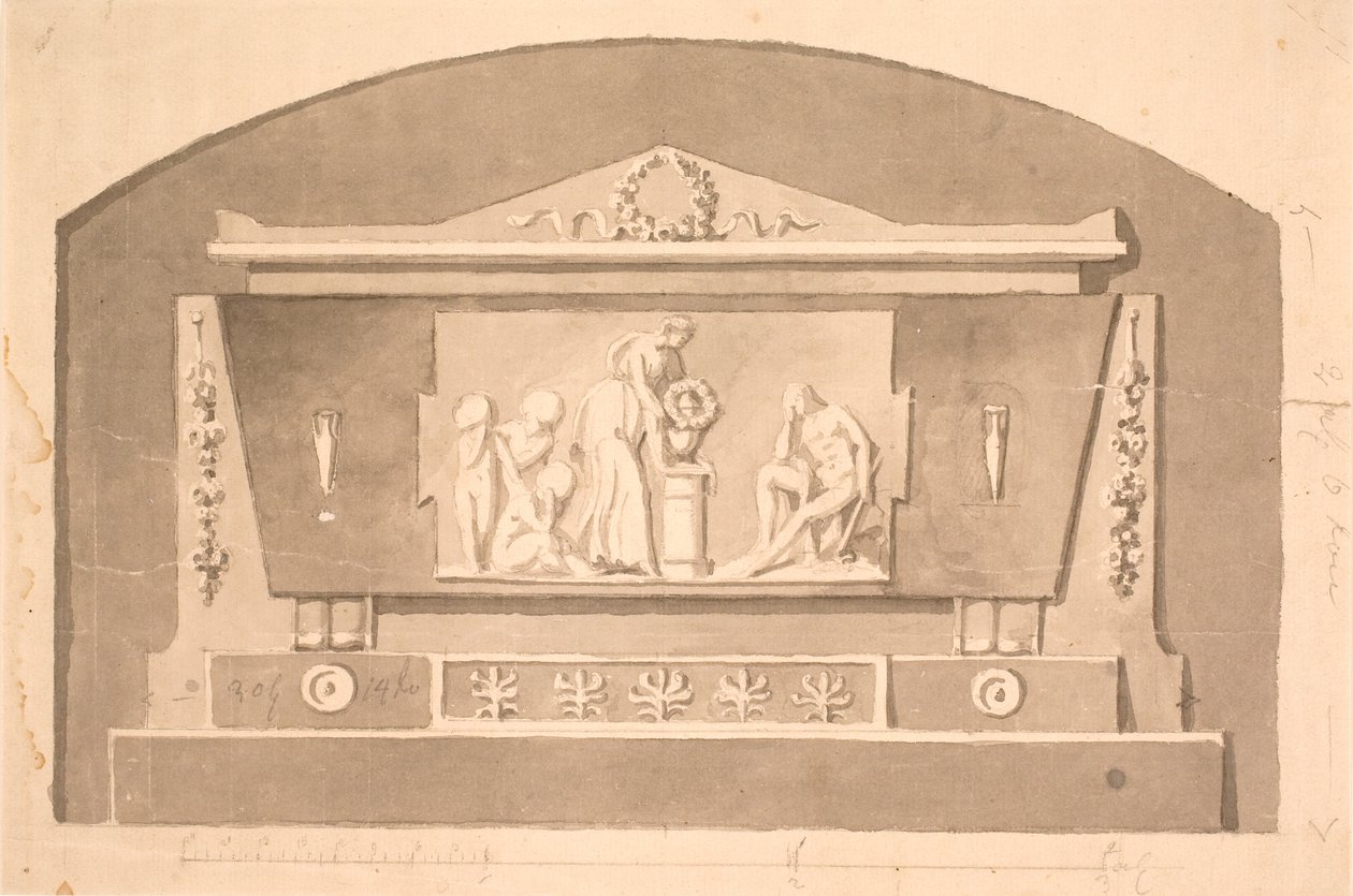 Schets voor sarcofaag met reliëf voor het Gandil grafmonument op Assistens begraafplaats door Nicolai Dajon