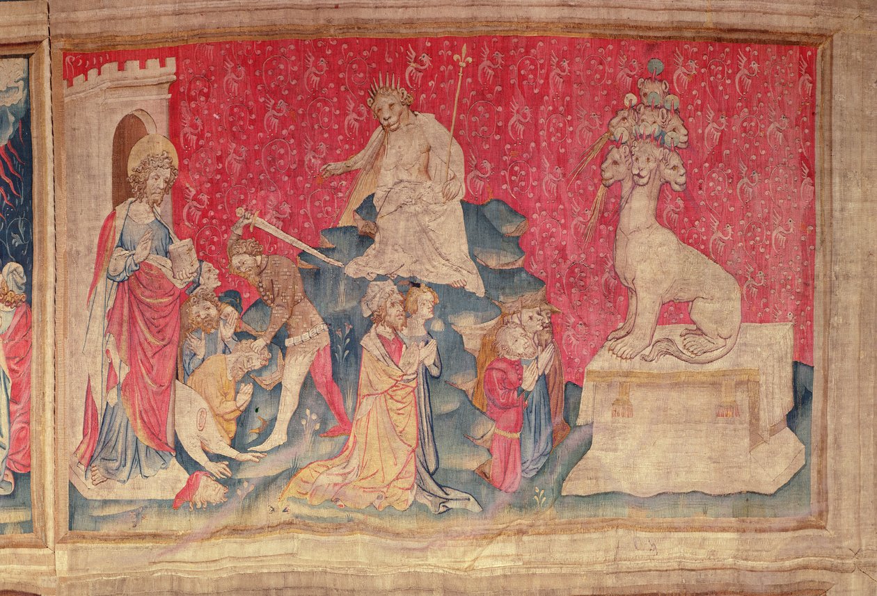 Aanbidding van het Beeld van het Beest, uit de Apocalyps Tapijt van Angers, 1373-87 door Nicolas Bataille
