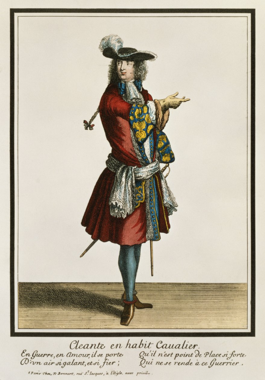 Cleante Gekleed als een Kavalier, modeplaat, ca. 1695 door Nicolas Bonnart