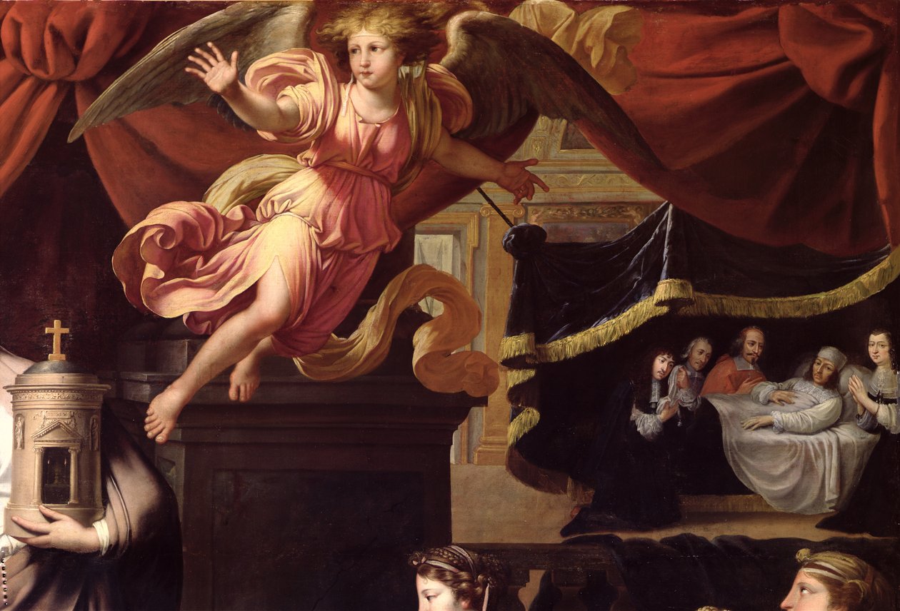 Ex-Voto voor de ziekte van Lodewijk XIV (1638-1715) in Calais, juli 1658, detail van een engel en Lodewijk op zijn sterfbed door Nicolas Mignard