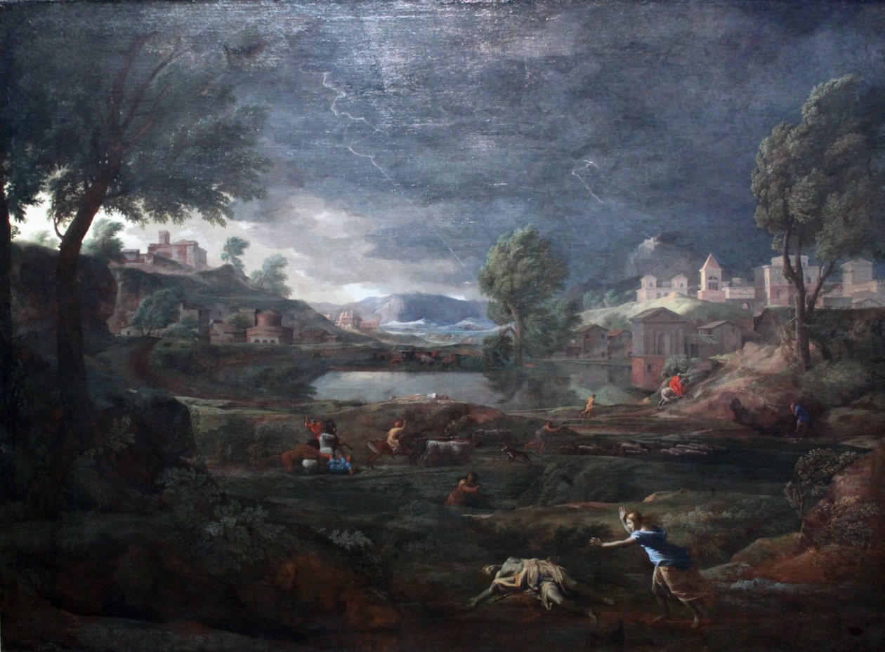 Landschap tijdens een onweersbui met Pyramus en Thisbe door Nicolas Poussin