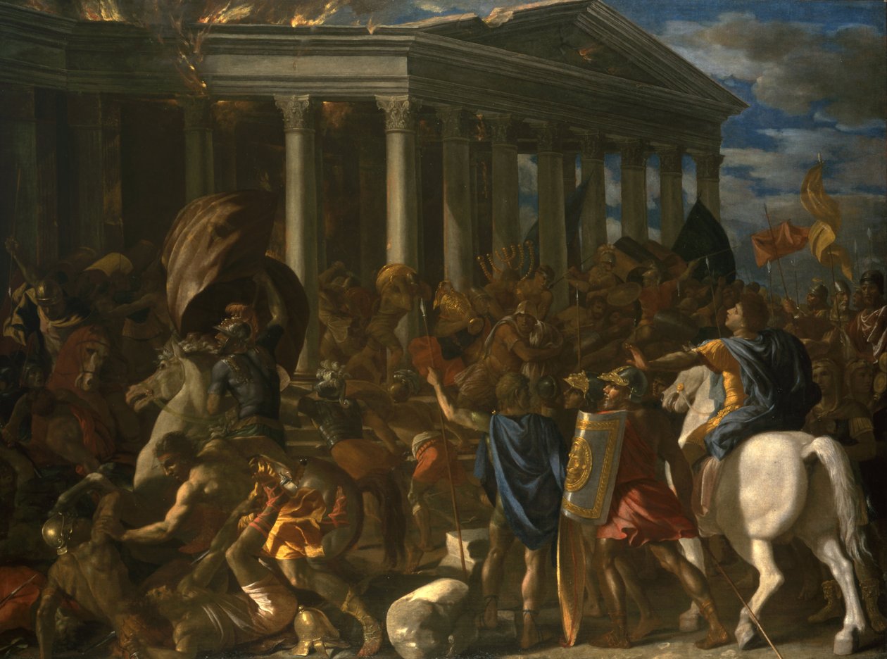 De vernietiging en plundering van de tempel van Jeruzalem door Nicolas Poussin