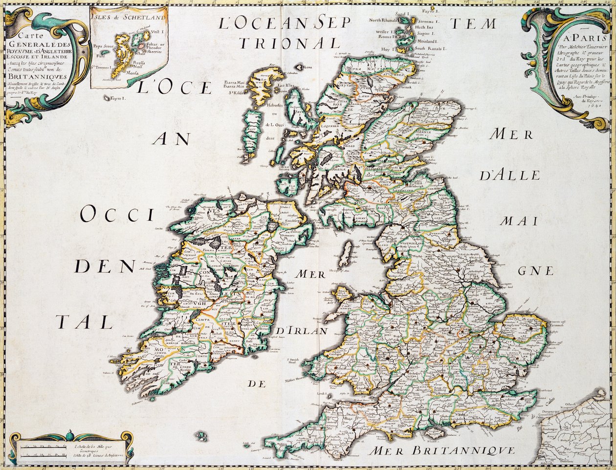Kaart van Groot-Brittannië en Ierland, gepubliceerd Parijs 1640 door Nicolas Sanson