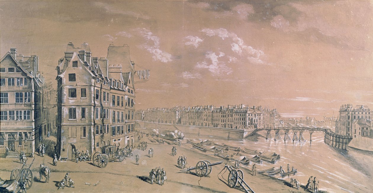Het Île Saint-Louis en de graanpakhuizen vanaf de Place de Grève door Nicolas Raguenet