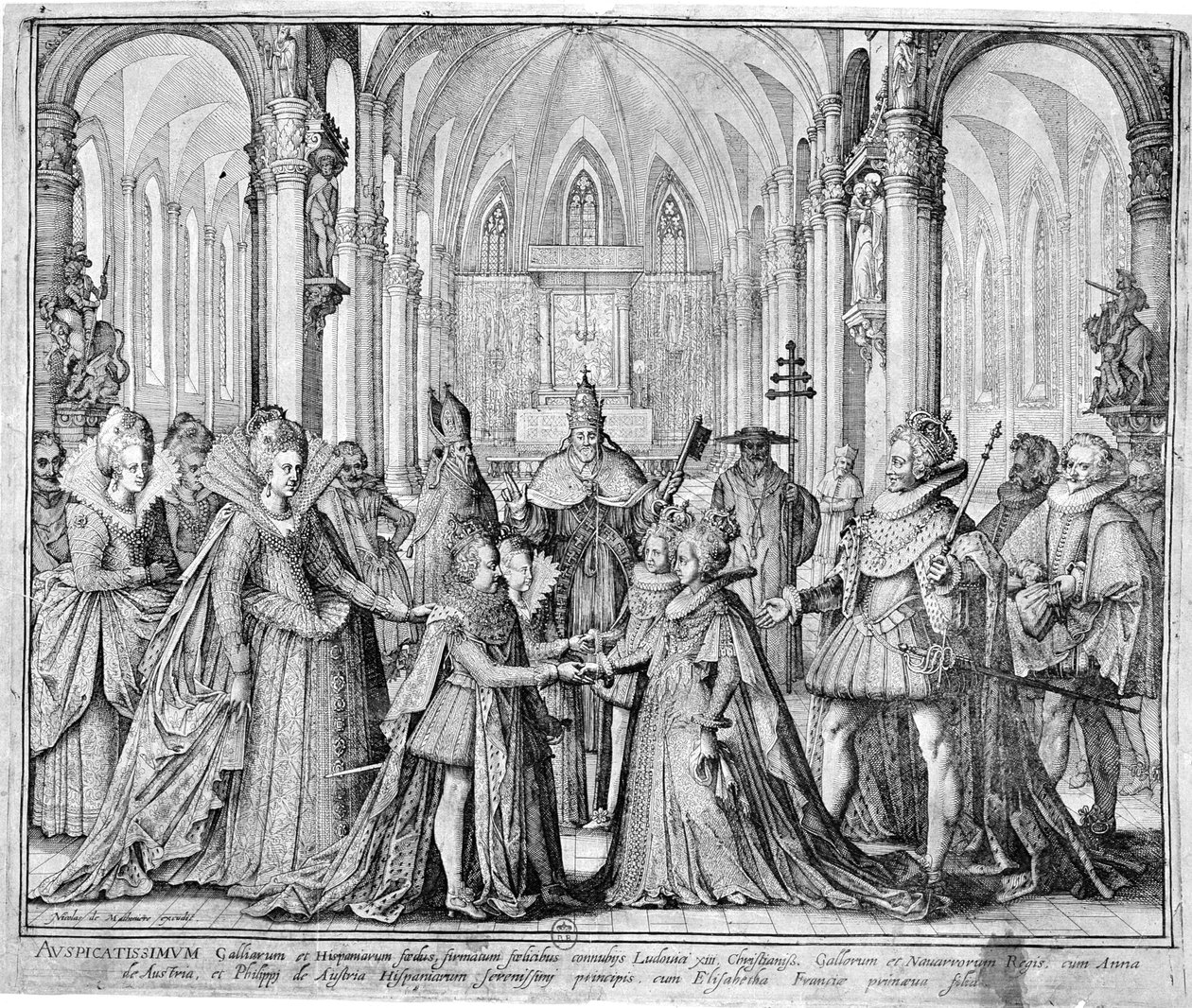 Het dubbele huwelijk in 1615 van Lodewijk XIII met Anna van Oostenrijk en Filips van Oostenrijk met Elisabeth van Frankrijk door Nicolas de Mathoniere