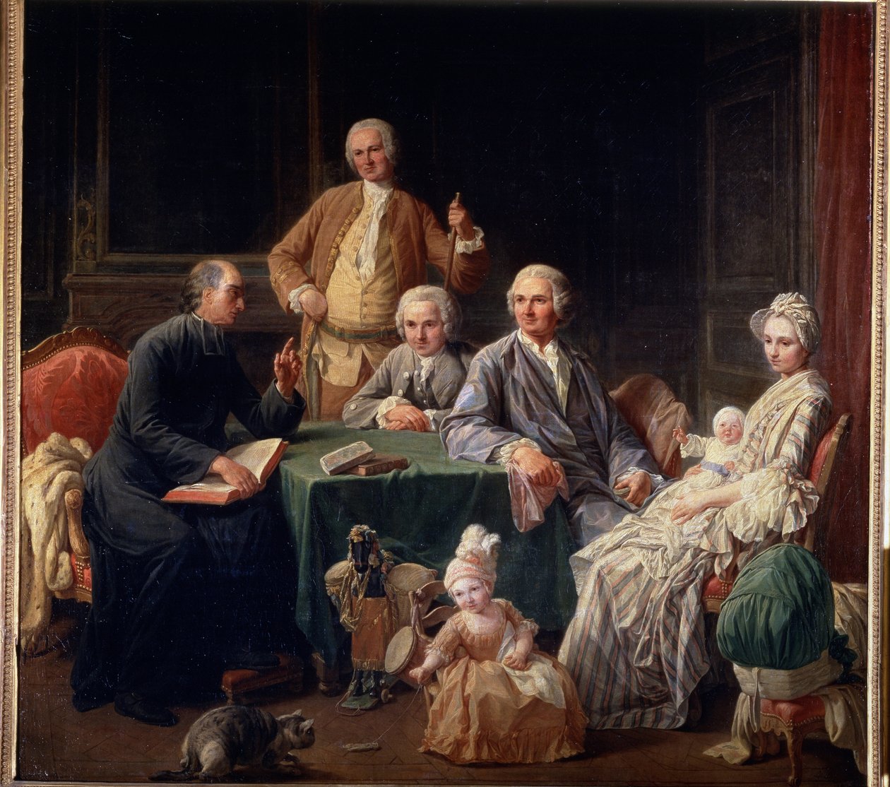 Portret van de familie Leroy. Familiescène met een priester, de moeder en de kinderen. Schilderij van Nicolas Bernard (1735-1784) door Nicolas Bernard Lepicie