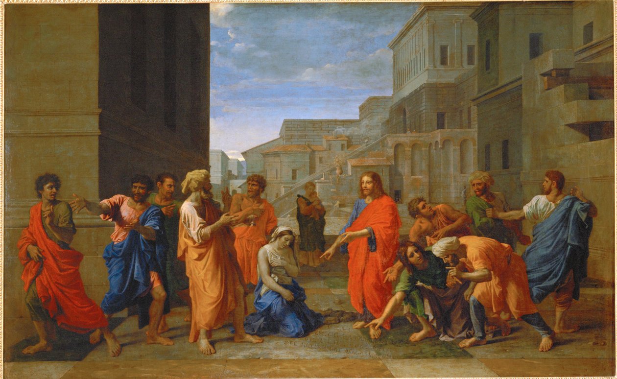 La femme adultere - de overspelige vrouw ... door Nicolas (attr.to) Poussin