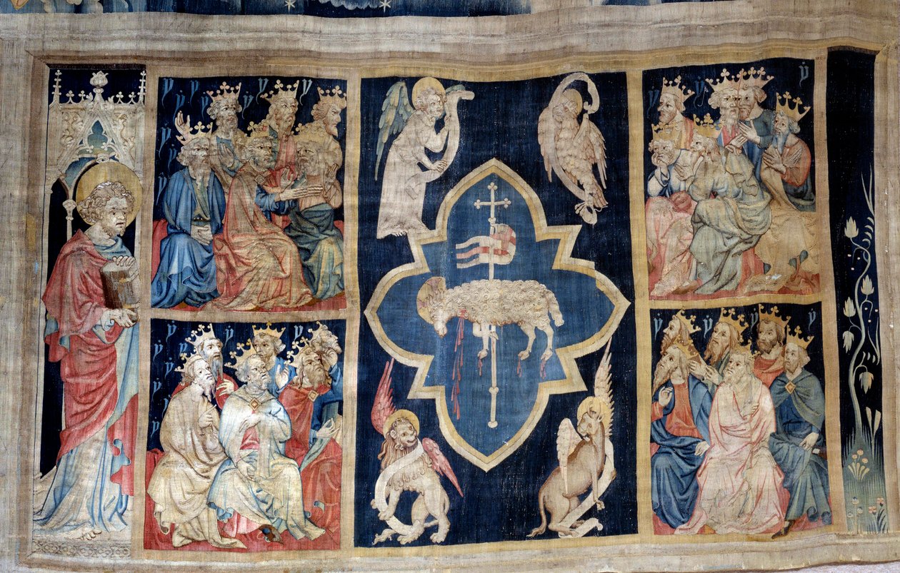 Gordijn van de Openbaring: de ouderen geven glorie aan een lam, symbool van Christus door Nicolas Bataille