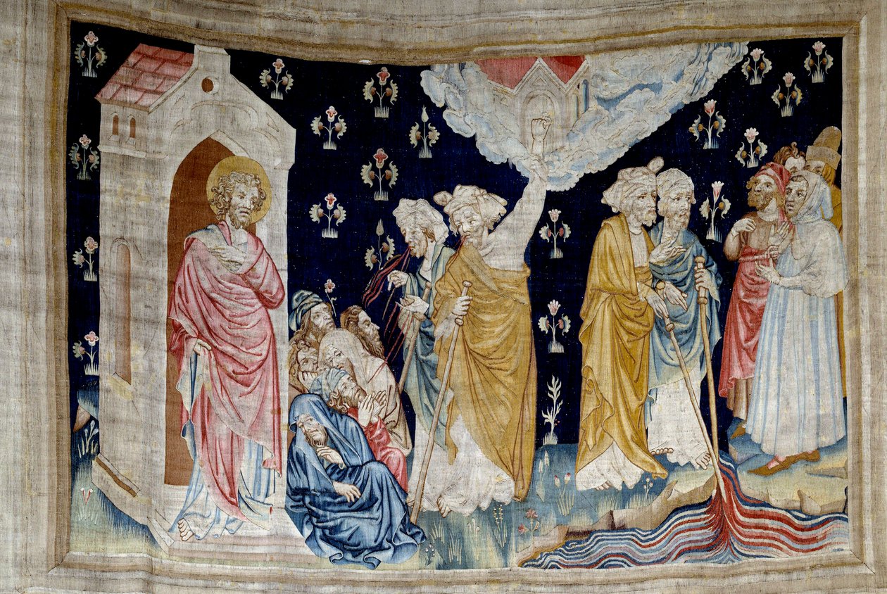 Wandtapijt van de Openbaring (1373-1383), nr. 28: het wonder. Getrouwe dienaren van God en profeten kijken naar de rivier die in bloed is veranderd. Wandtapijt door Nicolas Bataille (1330-1405) door Nicolas Bataille