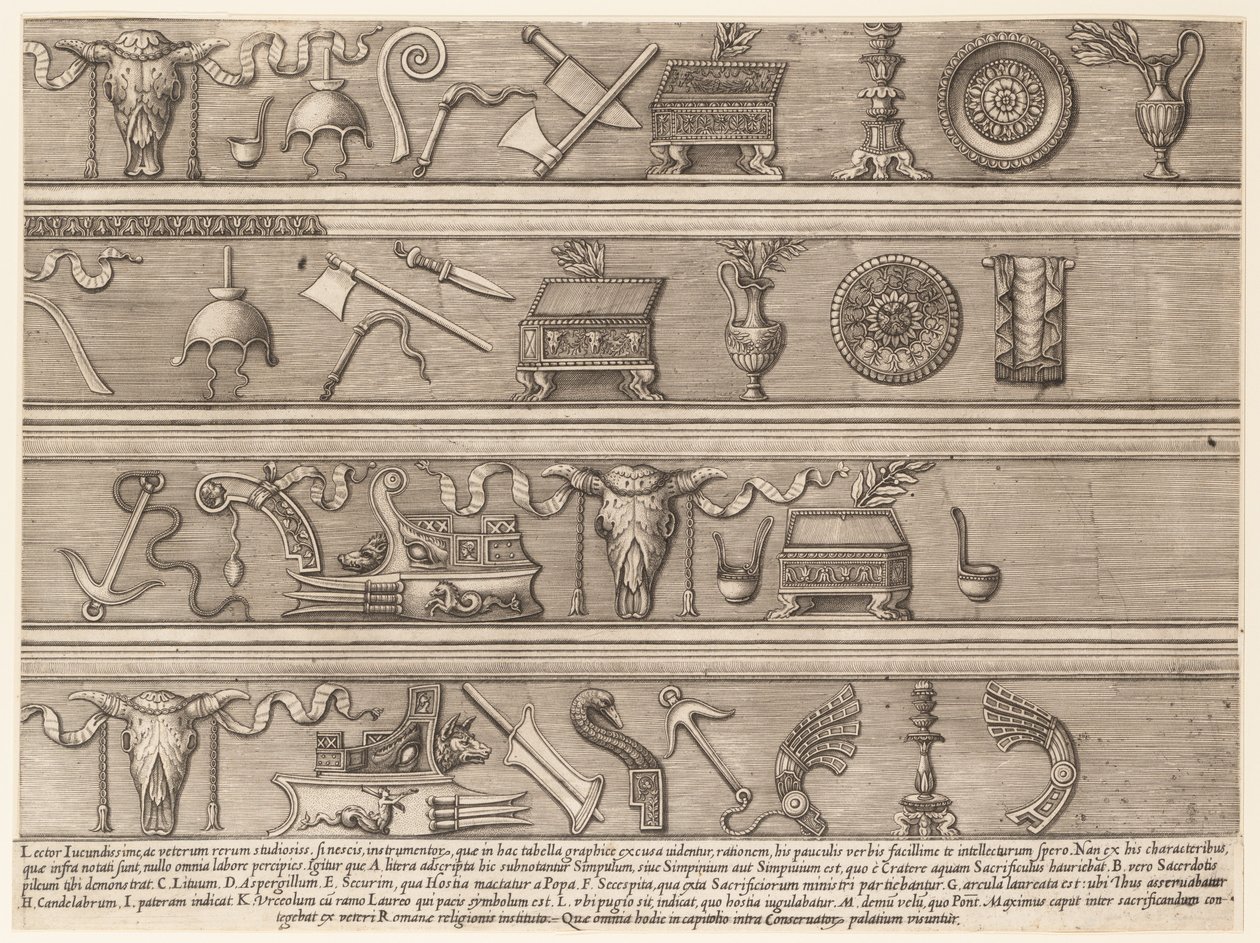 Speculum Romanae Magnificentiae: Offerinstrumenten Gebaseerd op Oude Reliëfs, ca. 1550-75 door Nicolas Beatrizet.