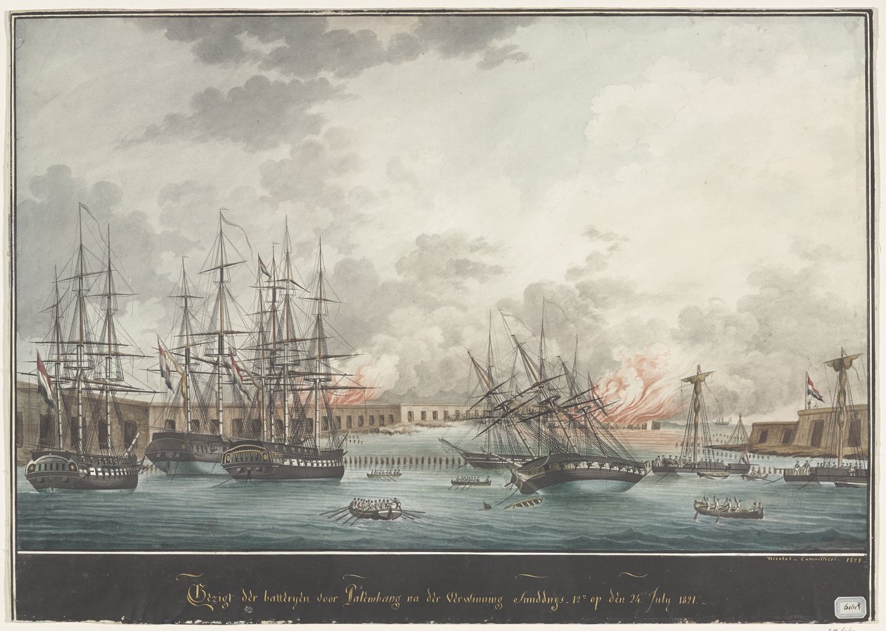 Gezicht der batterijen voor Palembang na der Verwinning smiddags - 12u. op den 24. July 1821 door Nicolas Cammillieri