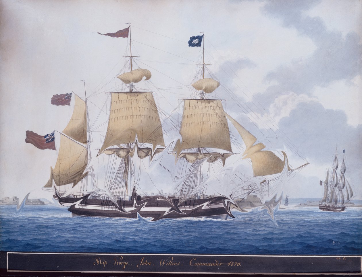 De driemaster George bij Valetta Haven, Malta door Nicolas Cammillieri of Malta