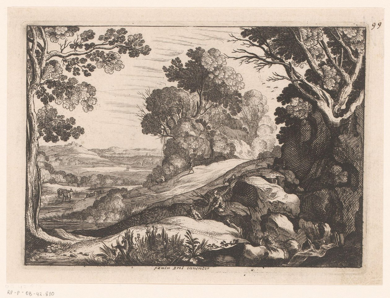 Heuvelachtig landschap met twee geitenhoeders door Nicolas Cochin (attributed to)